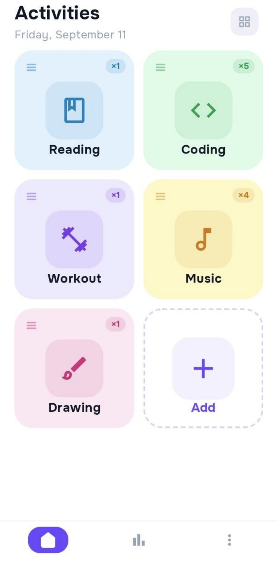 Stepz activities screen with reading, coding, workout, music and drawing